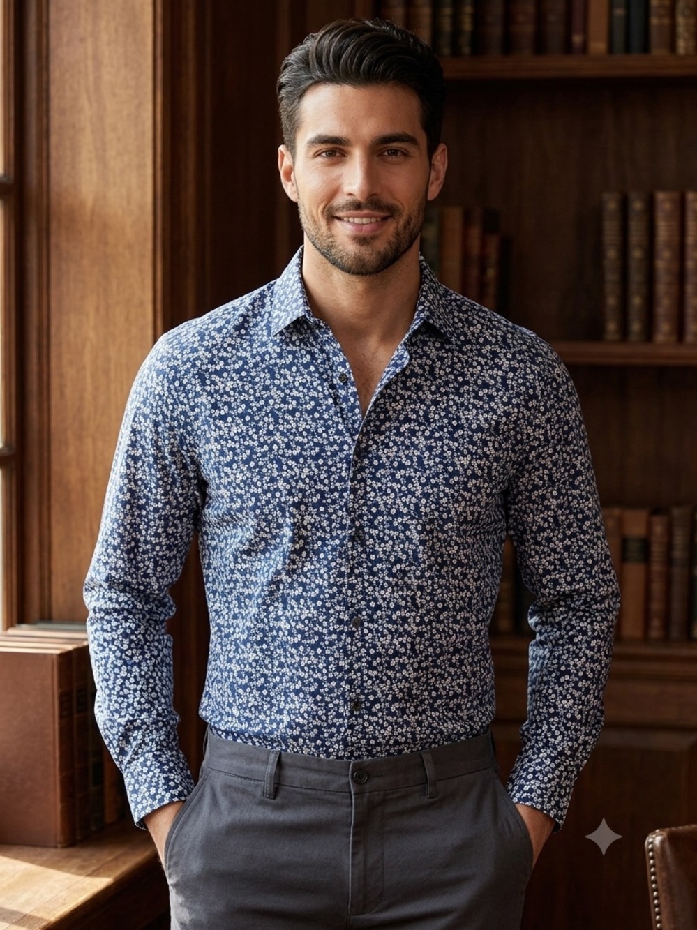 JF j.ferrar Teal Blue Floral Button-Down Shirt, Stretch Slim, Men’s Size Large